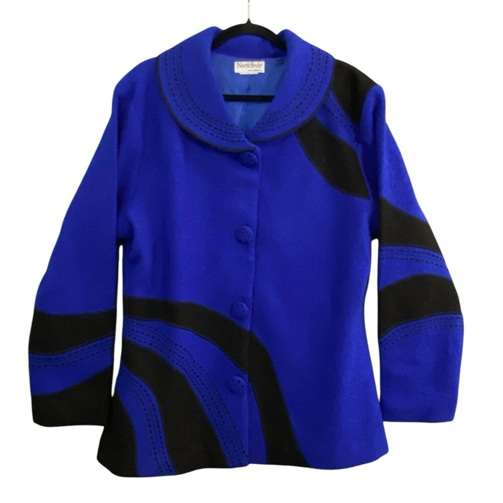 NORTHSTYLE Women Wool Coat Sz M/L Blue Black Art to Wear Winter Eclectic 52-16
